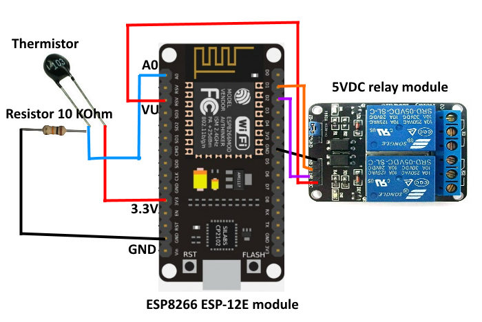 ESP8266 ESP-12E module 5vdc relay module and thermistor wiring