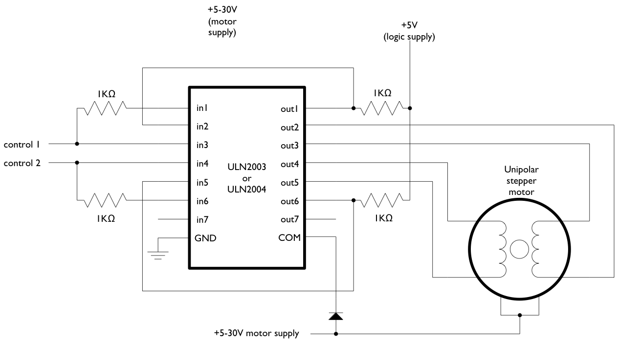 Unipolar stepper two-wire circuit