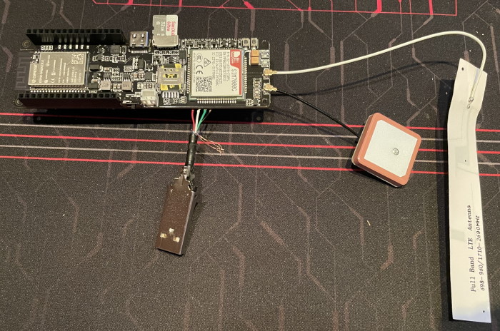 Connect the Full Band LTE antenna (SIM) and connect the GPS antenna to  LILYGO T-SIM7000G ESP32 development board